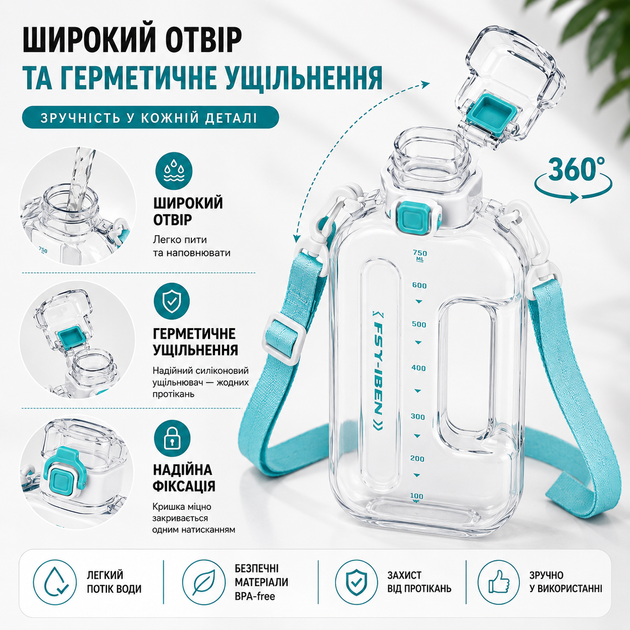 Еко-пляшка для води 750 мл біла BPA-free з ремінцем та мірною шкалою - Фото 5 Еко-пляшка для води 750 мл біла BPA-free з ремінцем та мірною шкалою - зображення 5