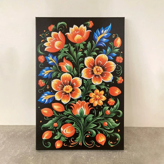 Интерьерная картина Цветочный орнамент, петриковка, тёмный фон, 42×30 см (id6912) - изображение 3