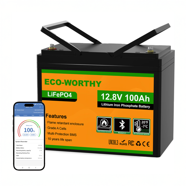 Акумулятор Eco-Worthy 12V100Ah 1280Wh універсальна LiFePO4 12.8V 100Ah батарея з Bluetooth 5.1 і низькотемпературним захистом 15000 циклів - зображення 11