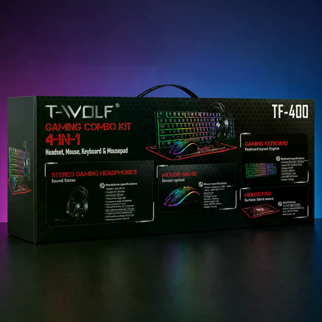 Игровой комплект Gaming Combo 4-in-1 T-Wolf TF-400 черный, Геймерский набор клавиатура, мышь 57964/9 - Фото 4 Игровой комплект Gaming Combo 4-in-1 T-Wolf TF-400 черный, Геймерский набор клавиатура, мышь 57964/9 - изображение 4