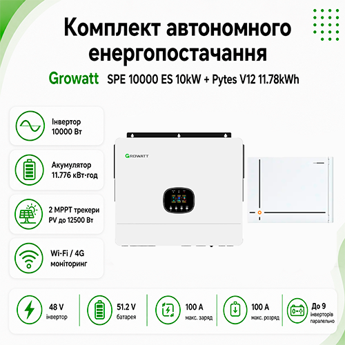 Комплект автономного энергоснабжения Growatt SPE 10000 ES 10kW + Pytes V12 11.78kWh White - Фото 2 Комплект автономного энергоснабжения Growatt SPE 10000 ES 10kW + Pytes V12 11.78kWh White - изображение 2
