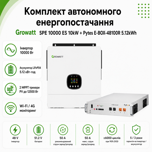 Комплект автономного энергоснабжения Growatt SPE 10000 ES 10kW + Pytes E-BOX-48100R 5.12kWh White - Фото 2 Комплект автономного энергоснабжения Growatt SPE 10000 ES 10kW + Pytes E-BOX-48100R 5.12kWh White - изображение 2