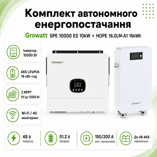 Комплект автономного енергозабезпечення Growatt SPE 10000 ES 10kW + Growatt HOPE 16.0LM-A1 16kWh White - зображення 5