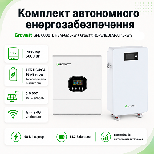 Комплект автономного енергозабезпечення Growatt SPE 6000TL HVM-G2 6kW + Growatt HOPE 16.0LM-A1 16kWh White - зображення 2