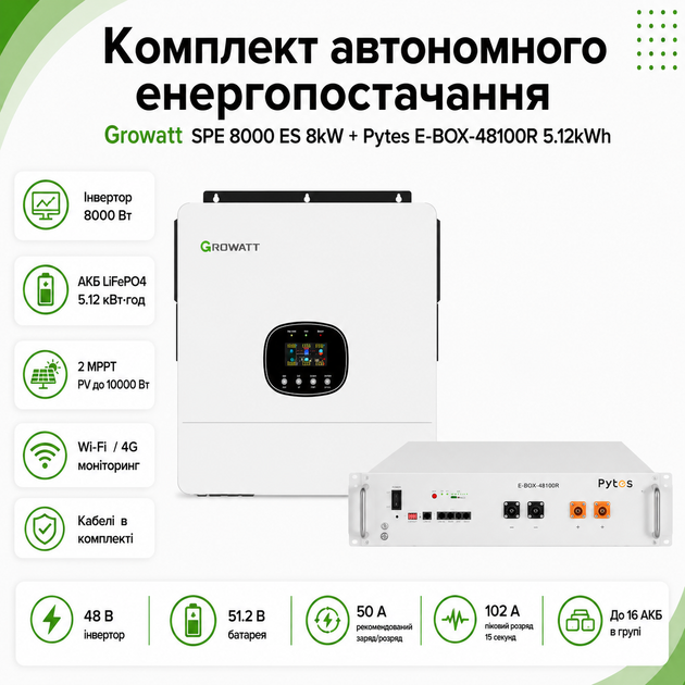 Комплект автономного энергоснабжения Growatt SPE 8000 ES 8kW + Pytes E-BOX-48100R 5.12kWh White - изображение 2