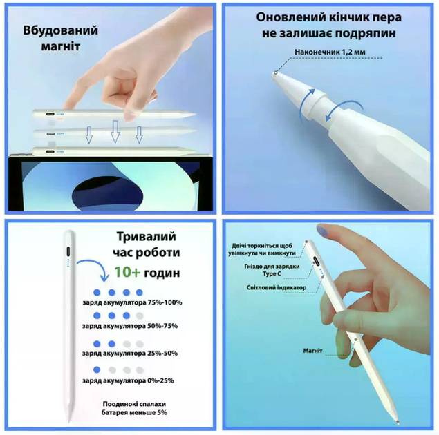 Активный стилус JT22 белый, Сенсорная ручка Type-C для планшета, телефона, заметок 57918/00 - Фото 8 Активный стилус JT22 белый, Сенсорная ручка Type-C для планшета, телефона, заметок 57918/00 - изображение 8