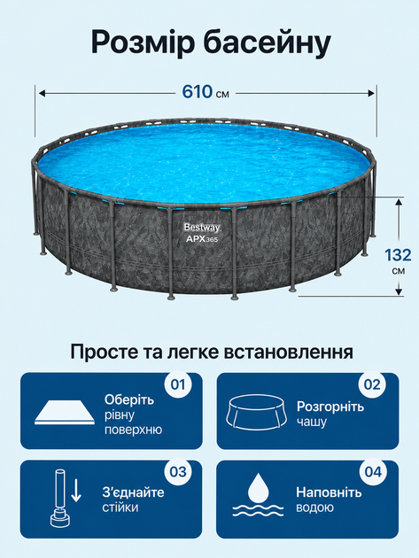 Каркасний басейн Bestway Grey 561KE 610×132 см круглий, великий сімейний басейн з пісочним фільтром, сходами та тентом - изображение 2