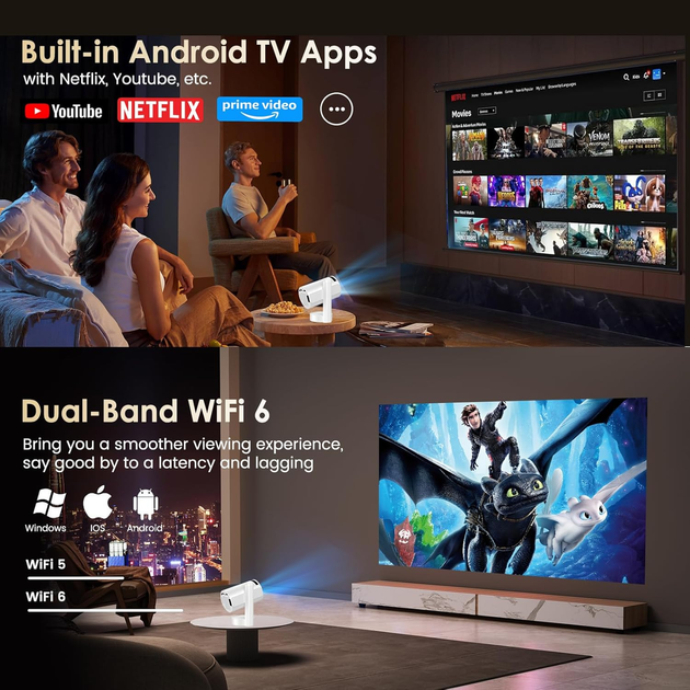 Смарт-проектор Xivolw 4K Android 13: портативный мини-кинотеатр, WiFi 6, Bluetooth 5.4, поворотная подставка 270°, 20000 Lm - Фото 5 Смарт-проектор Xivolw 4K Android 13: портативный мини-кинотеатр, WiFi 6, Bluetooth 5.4, поворотная подставка 270°, 20000 Lm - изображение 5