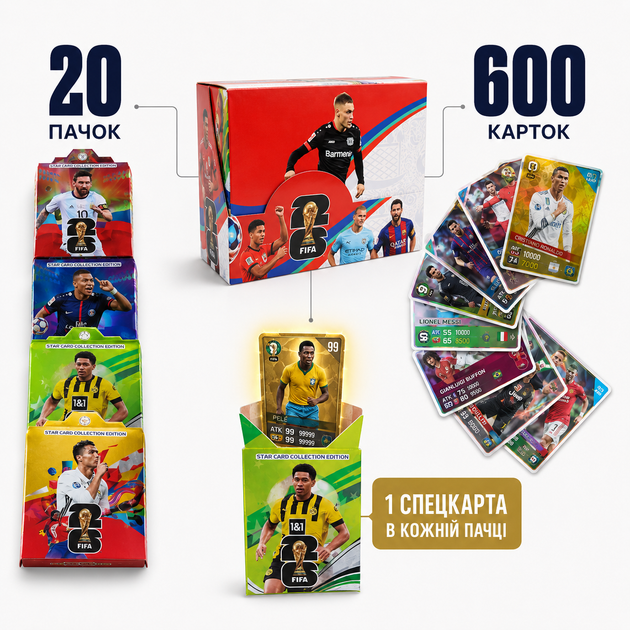 Колекційні картки футбольні FIFA World Cup 2026 — бокс 600 карток (20 пачок по 30 шт.) зі спецкартами, Messi Ronaldo Mbappé - изображение 3