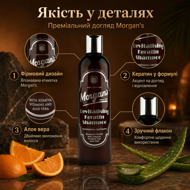 Шампунь Morgan's Revitalising Keratin Brazilian Orange 250 мл для сухого волосся з алое вера, кератином і пантенолом, зволоження та відновлення пасм щодня - зображення 2