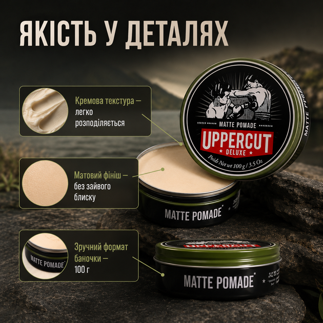 Помада Uppercut Deluxe Matt Pomade 100 г для укладання волосся з сильною фіксацією, вираженим блиском, водною основою та текстурою, стайлінг для помпадура і гладких зачісок - зображення 2