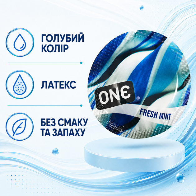 Презерватив ONE FlavorWaves Fresh Mint латексний гладкий ароматизований зі смаком мʼяти блакитний зі змазкою 1 шт - зображення 2