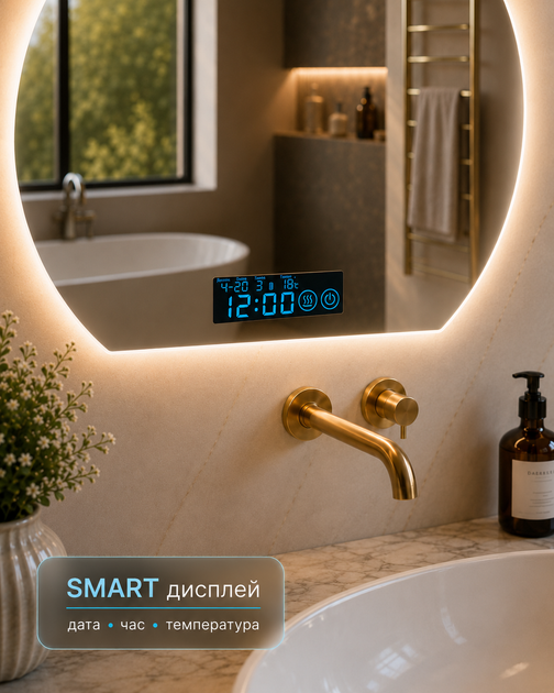 Зеркало с подсветкой для ванной комнаты настенное смарт зеркало LED с подогревом и дисплеем 59х51 см BRS - изображение 2