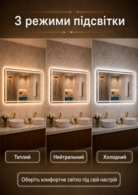 Зеркало с LED подсветкой 60х80 см зеркало для ванной комнаты смарт c подогревом и дисплеем светодиодное BRS - изображение 4