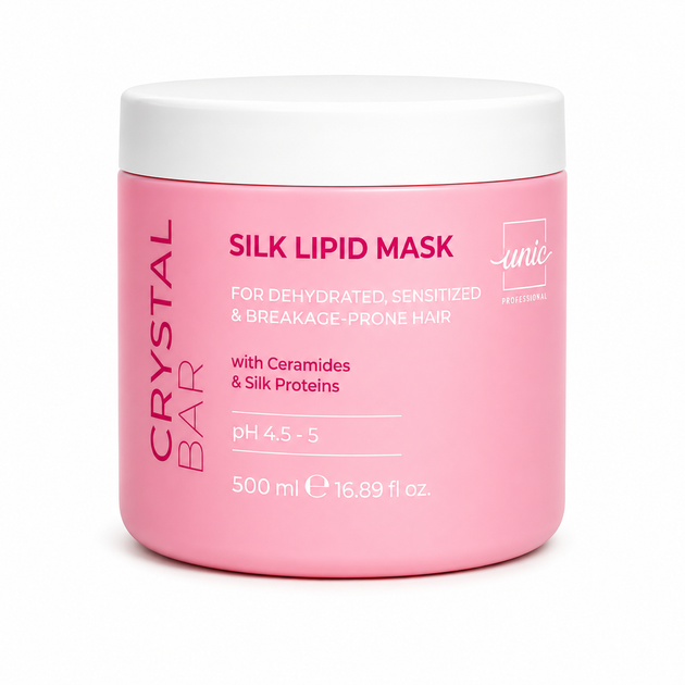 Маска для сухих и повреждённых волос Unic Professional Crystal Bar Silk Lipid Mask, 500 мл - Фото 1 Маска для сухих и повреждённых волос Unic Professional Crystal Bar Silk Lipid Mask, 500 мл - изображение 1