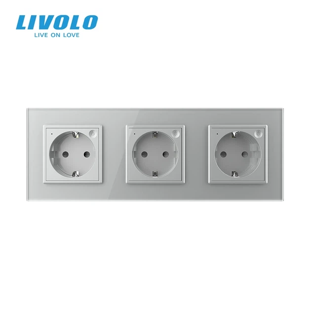 Розумна потрійна електрична розетка LIVOLO із заземленням, шторки, сіра, скляна рамка, 250В 16А - зображення 3