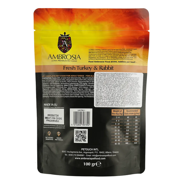 Сухий корм для дорослих собак усіх порід Ambrosia Grain Free Dog Adult Sensitive Fresh Turkey & Rabbit з свіжою індичкою та кроликом 100 г 1305621 - зображення 2