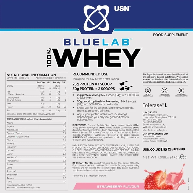 Сывороточный протеин Blue Lab 100% Whey Premium Protein USN, клубника, 2 кг - изображение 2