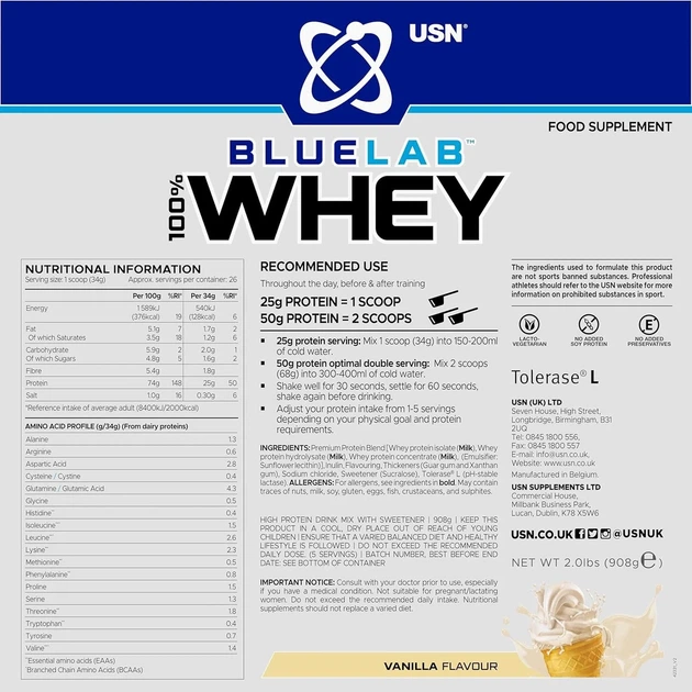 Сывороточный протеин Blue Lab 100% Whey Premium Protein USN, тропический смузи, 908 г - изображение 2