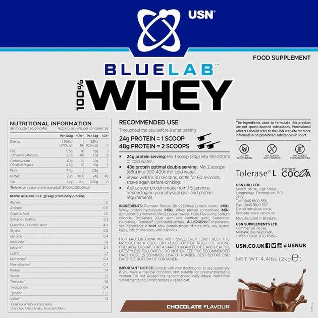 Сироватковий протеїн Blue Lab 100% Whey Premium Protein USN, шоколад, 2 кг - зображення 2