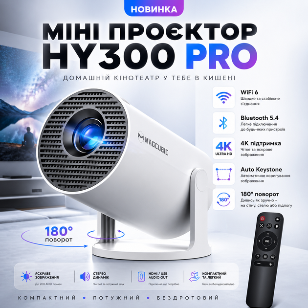 Міні проектор Magcubic HY300Pro — WiFi 6, Bluetooth 5.4, 4K підтримка, авто keystone, 180° поворот - Фото 1 Міні проектор Magcubic HY300Pro — WiFi 6, Bluetooth 5.4, 4K підтримка, авто keystone, 180° поворот - зображення 1