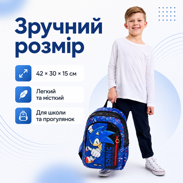 Школьный рюкзак Sonic Smiggle 42×30×15 см | Детский рюкзак Соник с мягкими лямками и водоотталкивающей тканью - изображение 3