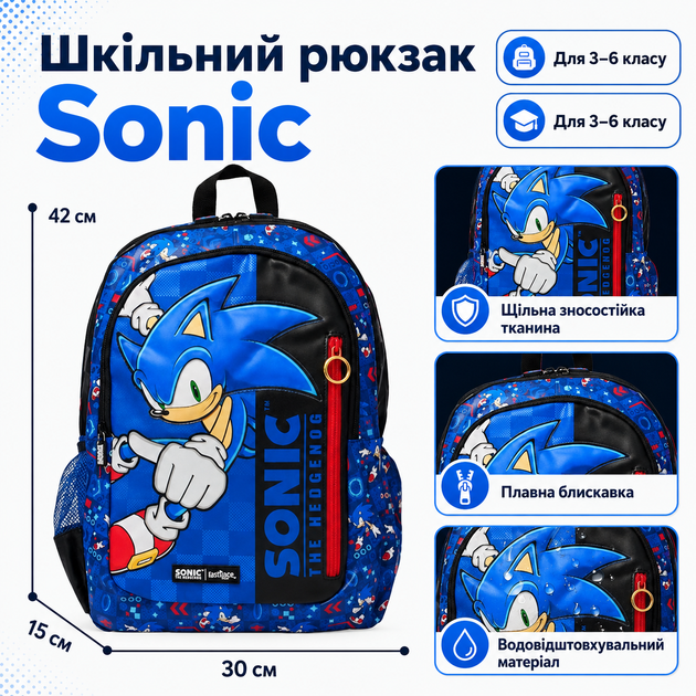 Школьный рюкзак Sonic Smiggle 42×30×15 см | Детский рюкзак Соник с мягкими лямками и водоотталкивающей тканью - изображение 7
