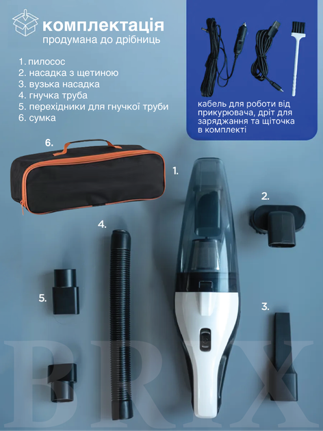 Пылесос для авто универсальный аккумуляторный 7-8kPa 2 режима питания 6000mAh 100W Белый с черным - изображение 3