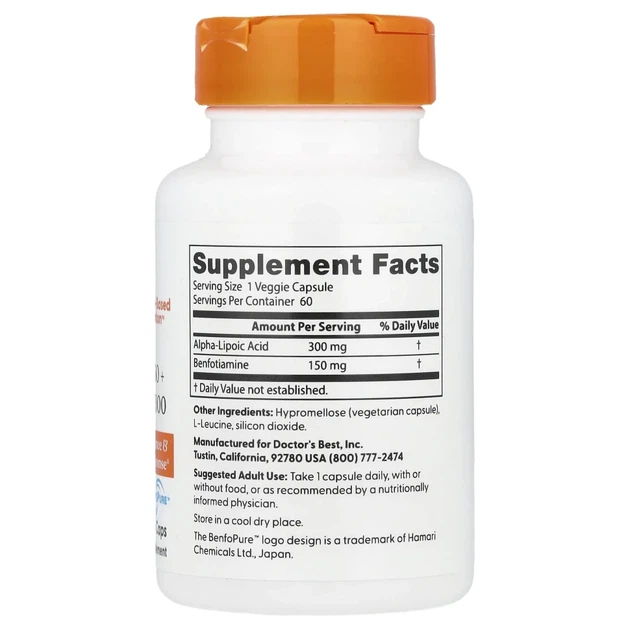 Альфа-ліпоєва кислота + бенфотіамін Doctor's Best (Benfotiamin + Alpha-lipoic acid) 300 мг/150 мг 60 капсул (DRB-00251) - зображення 2