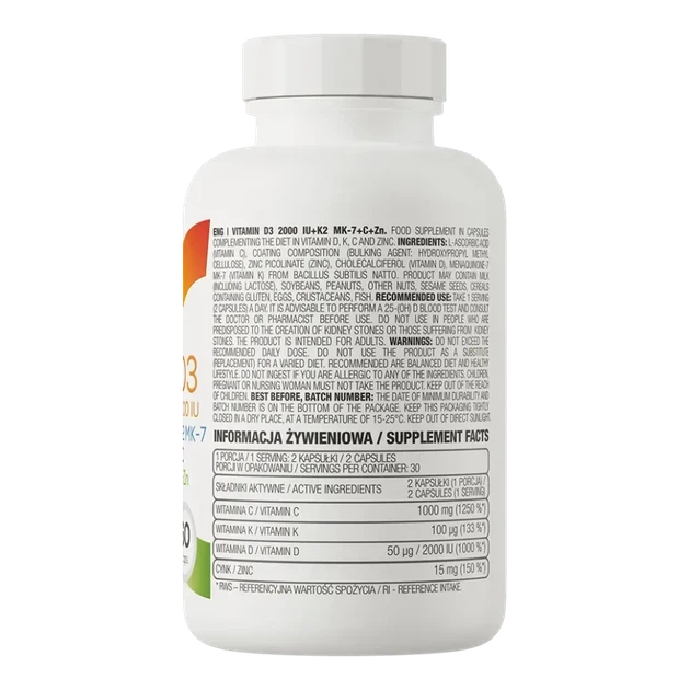 Вітамін D3 Ostrovit 2000 IU + K2 MK-7 + C + Цинк Vitamin D3 2000 IU + K2 MK-7 + C + Zinc 60 капсул (OST-00407) - изображение 3