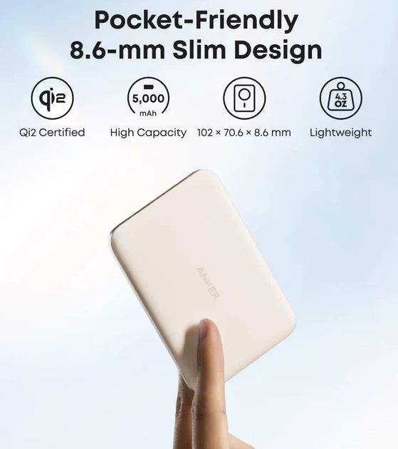 Ультратонкий магнитный внешний аккумулятор Anker Nano Air 2 5000 мАч для iPhone, вес 118 г, с MagSafe - изображение 7