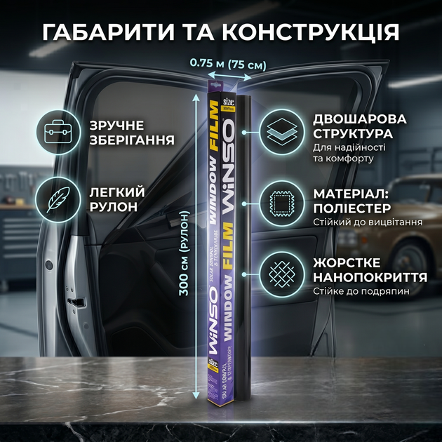 Пленка тонировочная Winso 75*300см черная для автомобиля защита от перегрева и ультрафиолетовых лучей SK_375330А12 - изображение 5