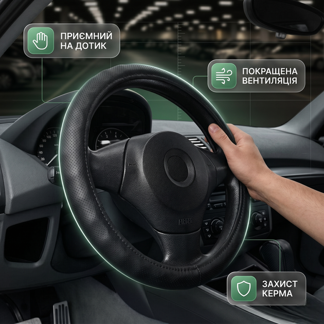 Чохол на кермо Winso шкіряний L 39-41 см чорний рукоятка для автомобіля оббивка SK_143430А12 - зображення 2