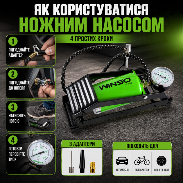 Ножной насос Winso с манометром 80х130мм для накачки шин и контроля давления автомобильный насос черный SK_120220А12 - изображение 3
