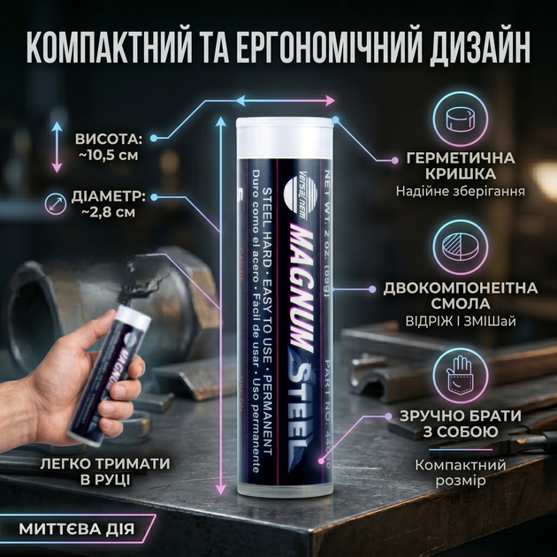 Холодная сварка Versachem Magnum Steel Epoxy 56г эпоксидная смола для ремонта трещин и утечек антикоррозийная SK_44029А12 - изображение 5