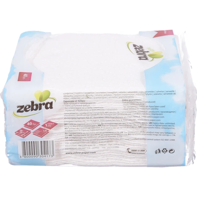 Серветки Zebra 40 шт. 28*28 см, 1 шар. білі (Болгарія) - зображення 2