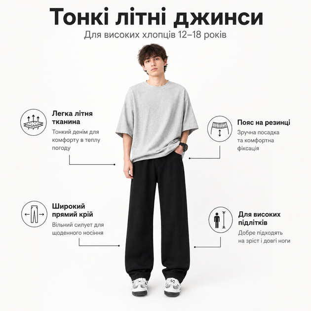 Джинси AMXK підліткові літні широкі baggy на гумці для високих хлопців, Чорний 158 - зображення 5
