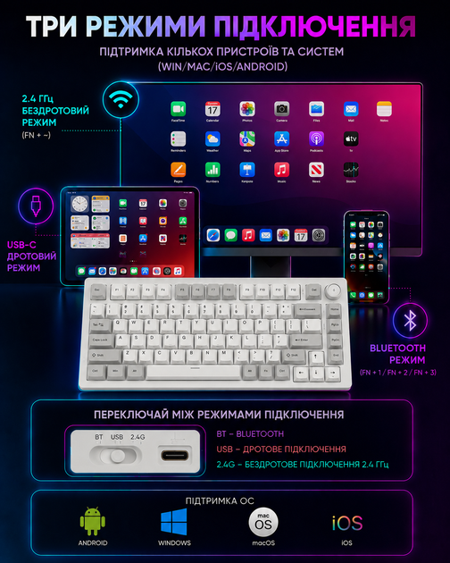 Механічна Клавіатура AJAZZ AK820 з підсвічуванням Клавіш Hot-Swap White Grey - зображення 7