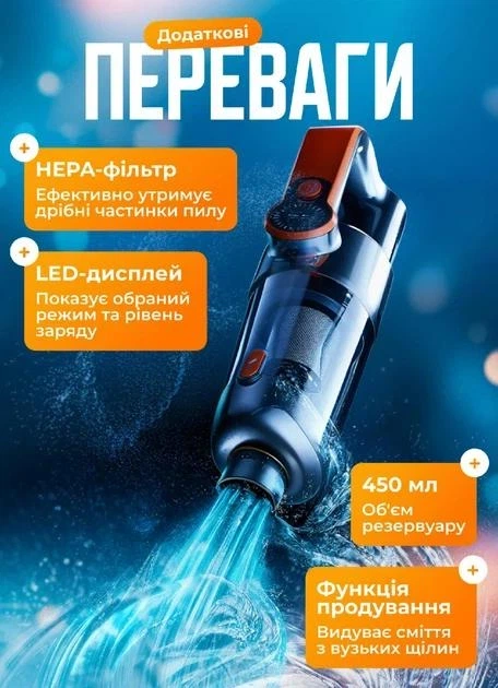 Пылесос автомобильный Shunzhou HP-11-126 оранжевый аккумуляторный 6000 мАч (107-80-HP-11-126) - изображение 4