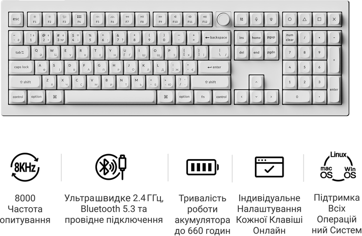 Клавиатура беспроводная Keychron V6 Ultra Keychron Red Switch White RGB (V6U-F1-UA) - Фото 8 Клавиатура беспроводная Keychron V6 Ultra Keychron Red Switch White RGB (V6U-F1-UA) - изображение 8