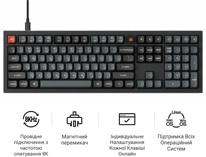 Клавиатура проводная Keychron V6 8K Keychron Super Red Switch Black RGB (V6W-D1-UA) - Фото 8 Клавиатура проводная Keychron V6 8K Keychron Super Red Switch Black RGB (V6W-D1-UA) - изображение 8