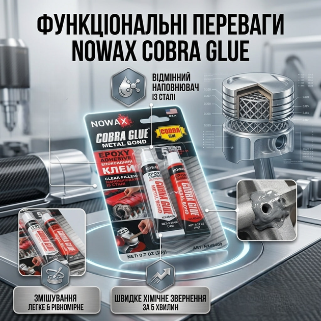 Клей епоксидний Nowax двокомпонентний 20г сталевий колір суперміцний для ремонту та склеювання універсальний SK_NX48409А12 - зображення 4