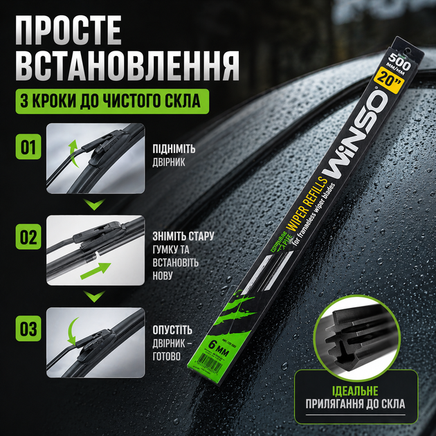 Сменная резинка Winso 20/500мм 6мм с металлическими направляющими для щеток стеклоочистителей очиститель резинка черная SK_115500А12 - изображение 3