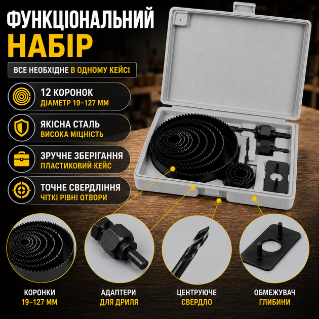 Коронки по дереву набірні Sigma Ø19 22 29 32 38 44 51 64 76 89 102 127 мм для свердління отворів у дереві корончасті білі SK_1520161А12 - Фото 1 Коронки по дереву набірні Sigma Ø19 22 29 32 38 44 51 64 76 89 102 127 мм для свердління отворів у дереві корончасті білі SK_1520161А12 - зображення 1