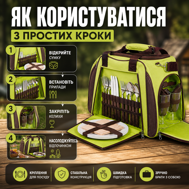 Набор для пикника Jungle с сумкой 54х23х30 см для отдыха на природе посуда для кемпинга зеленый SK_703938А12 - изображение 3