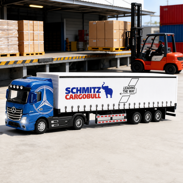 Игрушечная металлическая фура Mercedes-Benz Actros с полуприцепом Schmitz Cargobull 31 см инерционная модель со светом и звуком - Фото 3 Игрушечная металлическая фура Mercedes-Benz Actros с полуприцепом Schmitz Cargobull 31 см инерционная модель со светом и звуком - изображение 3