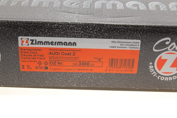 Диск гальмівний ZIMMERMANN 100.3300.20 ZIMMERMANN 100.3300.20 Volkswagen Passat, Caddy, Sharan, Touran, Golf, Jetta, Tiguan, EOS, Scirocco; Audi A1, A3, TT; Seat Leon; Skoda Octavia, Yeti 1K0615301AA, 1KD615301D, 3CD615301 - изображение 4