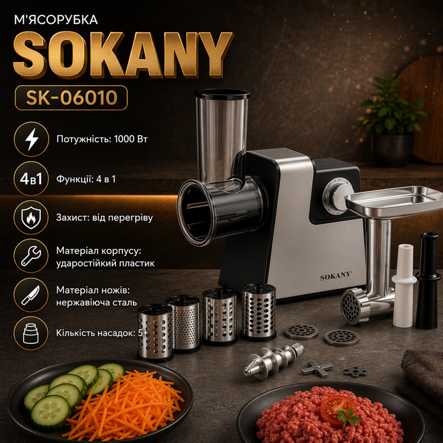 М’ясорубка SOKANY SK-06010 4 в 1, 1000 Вт - зображення 4
