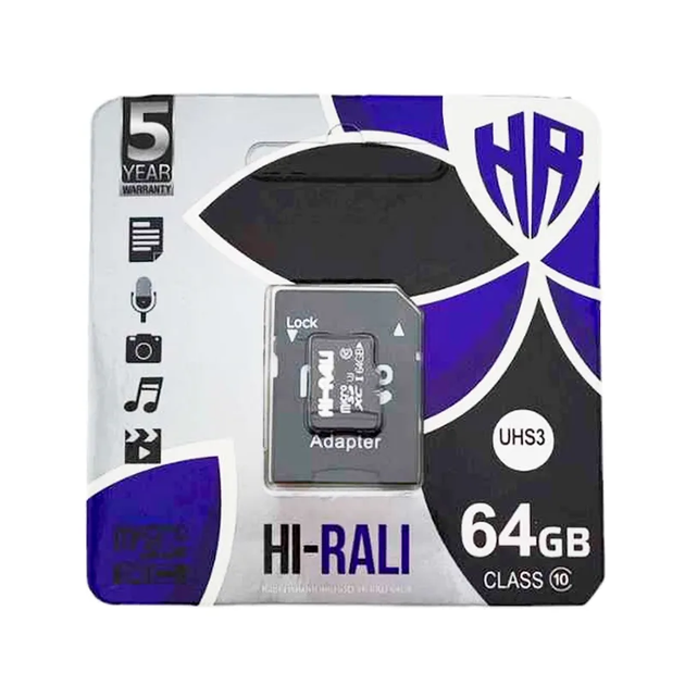 Карта пам'яті Micro SD / 64 гб/ class 10/ UHS1, з адаптером, 24504 Hi-Rali - Фото 1 Карта пам'яті Micro SD / 64 гб/ class 10/ UHS1, з адаптером, 24504 Hi-Rali - изображение 1