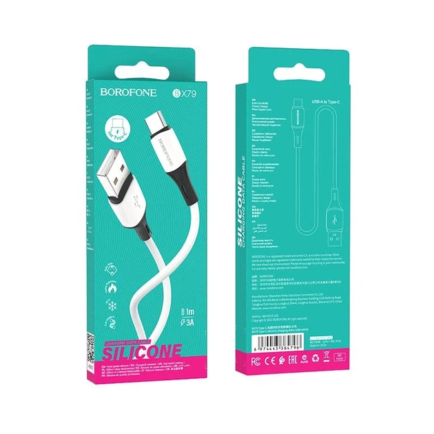 Кабель BOROFONE BX79 USB to Type-C 3A, 1m, silicone, silicone connectors, White - Фото 2 Кабель BOROFONE BX79 USB to Type-C 3A, 1m, silicone, silicone connectors, White - изображение 2